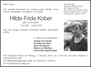 Traueranzeige von Hilda-Frida Kober von Haller Tagblatt