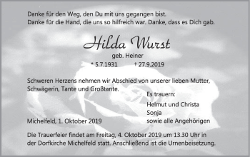 Traueranzeige von Hilda Wurst von Haller Tagblatt