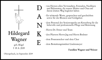 Traueranzeige von Hildegard Wagner von Hohenloher Tagblatt