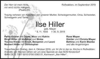 Traueranzeige von Ilse Hiller von NWZ Neue Württembergische Zeitung