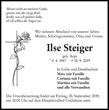 Traueranzeige von Ilse Steiger von Hohenloher Tagblatt