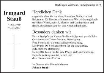 Traueranzeige von Irmgard Stauß von Hohenzollerische Zeitung