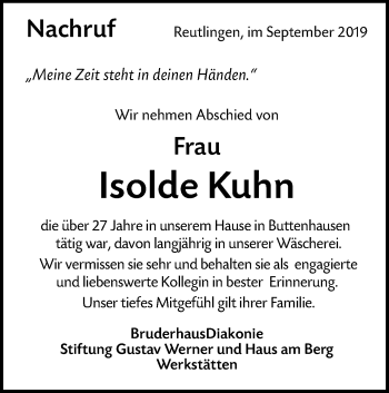 Traueranzeige von Isolde Kuhn von Alb-Bote/Metzinger-Uracher Volksblatt