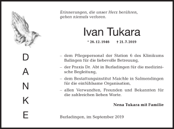 Traueranzeige von Ivan Tukara von Hohenzollerische Zeitung