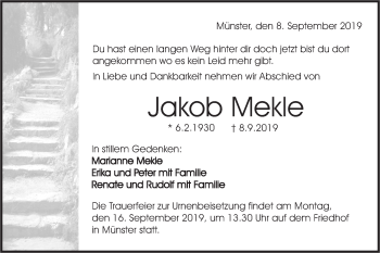 Traueranzeige von Jakob Mekle von Rundschau Gaildorf