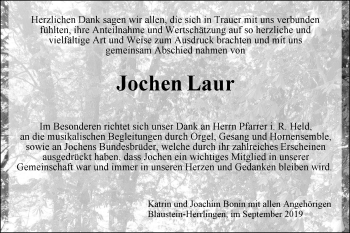 Traueranzeige von Jochen Laur von SÜDWEST PRESSE Ausgabe Ulm/Neu-Ulm