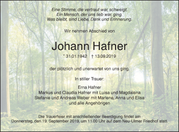 Traueranzeige von Johann Hafner von SÜDWEST PRESSE Ausgabe Ulm/Neu-Ulm