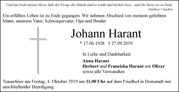 Traueranzeige von Johann Harant von SÜDWEST PRESSE Ausgabe Ulm/Neu-Ulm