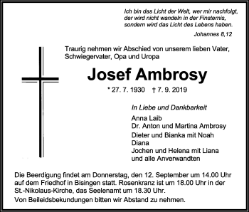 Traueranzeige von Josef Ambrosy von Hohenzollerische Zeitung