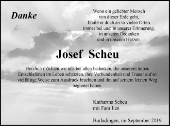 Traueranzeige von Josef Scheu von Hohenzollerische Zeitung