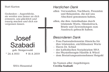 Traueranzeige von Josef Szabadi von Haller Tagblatt