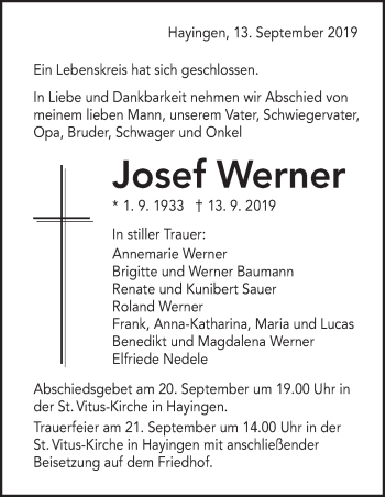 Traueranzeige von Josef Werner von Alb-Bote/Metzinger-Uracher Volksblatt