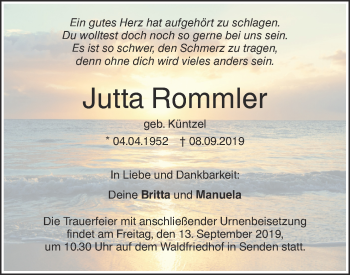 Traueranzeige von Jutta Rommler von SÜDWEST PRESSE Ausgabe Ulm/Neu-Ulm