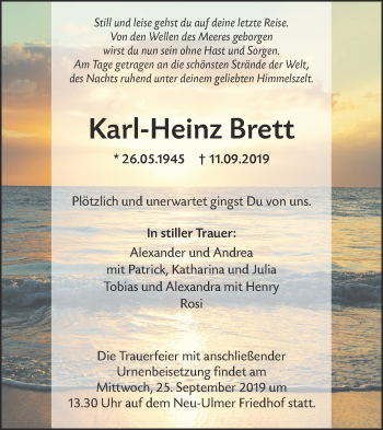 Traueranzeige von Karl-Heinz Brett von SÜDWEST PRESSE Ausgabe Ulm/Neu-Ulm