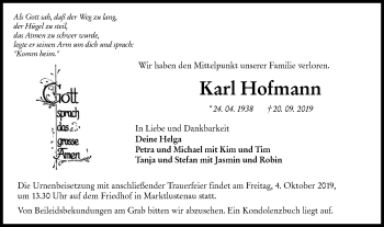 Traueranzeige von Karl Hofmann von Hohenloher Tagblatt