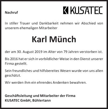 Traueranzeige von Karl Münch von Haller Tagblatt