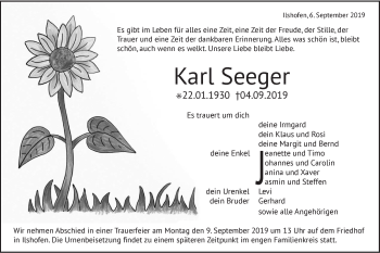 Traueranzeige von Karl Seeger von Haller Tagblatt