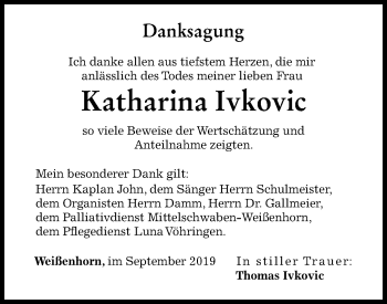 Traueranzeige von Katharina Ivkovic von SÜDWEST PRESSE Ausgabe Ulm/Neu-Ulm