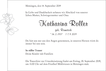 Traueranzeige von Katharina Roller von Metzinger-Uracher Volksblatt