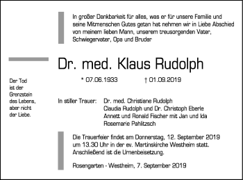 Traueranzeige von Klaus Rudolph von Haller Tagblatt