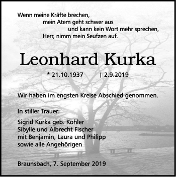 Traueranzeige von Leonhard Kurka von Haller Tagblatt