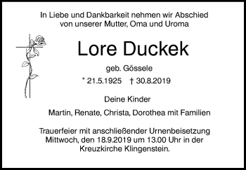 Traueranzeige von Lore Duckek von SÜDWEST PRESSE Ausgabe Ulm/Neu-Ulm