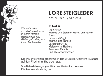 Traueranzeige von Lore Steigleder von Hohenloher Tagblatt