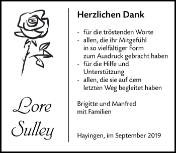 Traueranzeige von Lore Sulley von Alb-Bote/Metzinger-Uracher Volksblatt