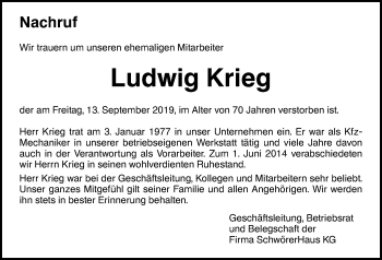 Traueranzeige von Ludwig Krieg von Alb-Bote/Metzinger-Uracher Volksblatt