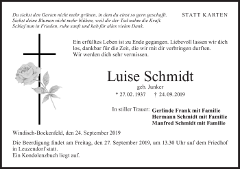 Traueranzeige von Luise Schmidt von Hohenloher Tagblatt