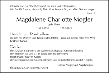 Traueranzeige von Magdalene Charlotte Mogler von Haller Tagblatt