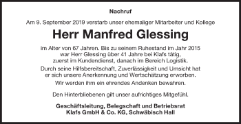 Traueranzeige von Manfred Glessing von Haller Tagblatt