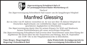 Traueranzeige von Manfred Glessing von Haller Tagblatt