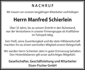 Traueranzeige von Manfred Schierlein von Hohenloher Tagblatt