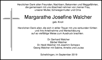 Traueranzeige von Margarathe Josefine Walcher von Ehinger Tagblatt