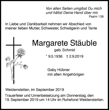 Traueranzeige von Margarete Stäuble von SÜDWEST PRESSE Ausgabe Ulm/Neu-Ulm