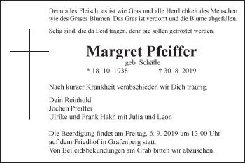 Traueranzeige von Margret Pfeiffer von Metzinger-Uracher Volksblatt