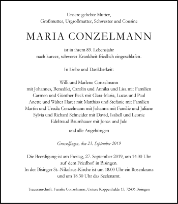 Traueranzeige von Maria Conzelmann von Hohenzollerische Zeitung