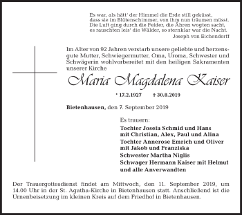 Traueranzeige von Maria Magdalena Kaiser von Hohenzollerische Zeitung