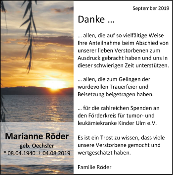 Traueranzeige von Marianne Röder von SÜDWEST PRESSE Ausgabe Ulm/Neu-Ulm