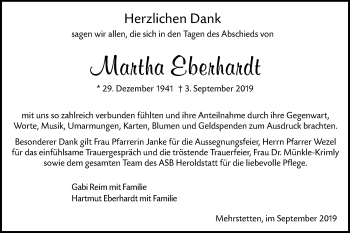 Traueranzeige von Martha Eberhardt von Alb-Bote/Metzinger-Uracher Volksblatt