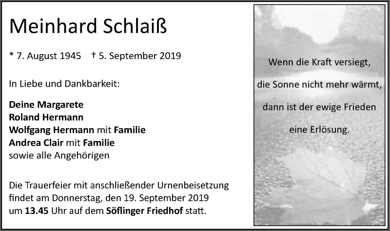  Traueranzeige für Meinhard Schlaiß vom 16.09.2019 aus SÜDWEST PRESSE Ausgabe Ulm/Neu-Ulm