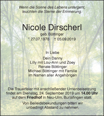 Traueranzeige von Nicole Dirscherl von SÜDWEST PRESSE Ausgabe Ulm/Neu-Ulm