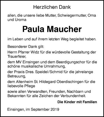 Traueranzeige von Paula Maucher von SÜDWEST PRESSE Ausgabe Ulm/Neu-Ulm