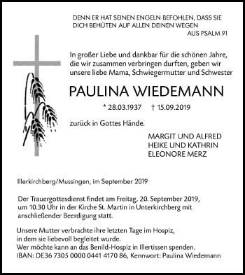 Traueranzeige von Paulina Wiedemann von SÜDWEST PRESSE Ausgabe Ulm/Neu-Ulm