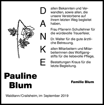 Traueranzeige von Pauline Blum von Hohenloher Tagblatt