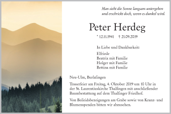 Traueranzeige von Peter Herdeg von SÜDWEST PRESSE Ausgabe Ulm/Neu-Ulm