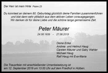 Traueranzeige von Peter Mäurer von Metzinger-Uracher Volksblatt