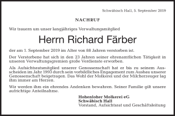 Traueranzeige von Richard Färber von Haller Tagblatt