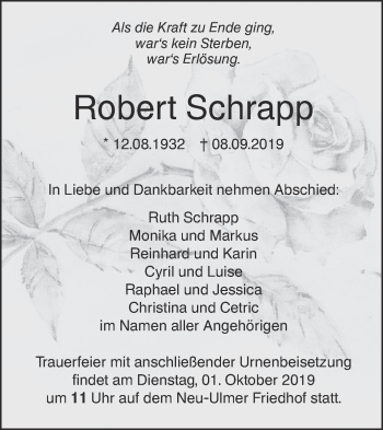 Traueranzeige von Robert Schrapp von SÜDWEST PRESSE Ausgabe Ulm/Neu-Ulm